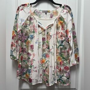 Floral Sheer Tie-Neck Blouse - White Multi